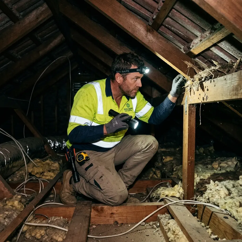 Technician inspecting a roof cavity for a dead animal in Yering